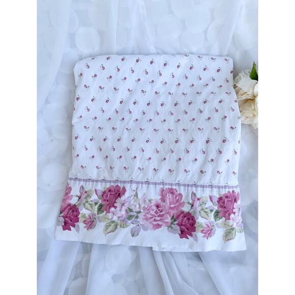 Vintage 90's Laura Ashley QUEEN FLAT Pink floral Rosebud BORDERED HEM Cottage - Picture 1 of 8